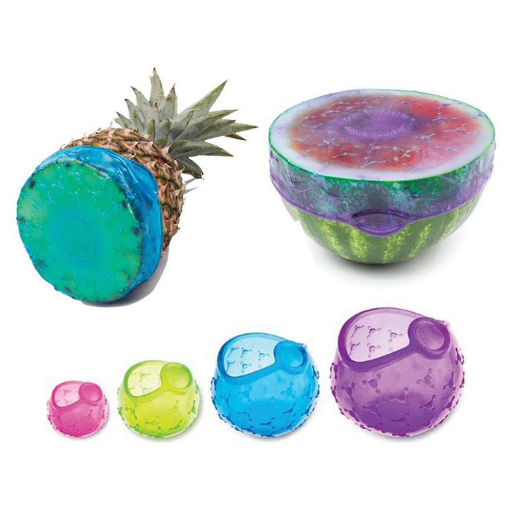 

4Pcs/lot TPE Food Film Silicone Wrap Fruit Bowls Cups Food Saver Seal Food Fresh Lid Cover Stretch Hermetic Bags Kitchen Tools