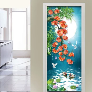 

Creative 3D Door Stickers Moon Flower Bird PVC Waterproof Renovation Mural DIY Self Adhesive Print Art Picture Home Decor Decal