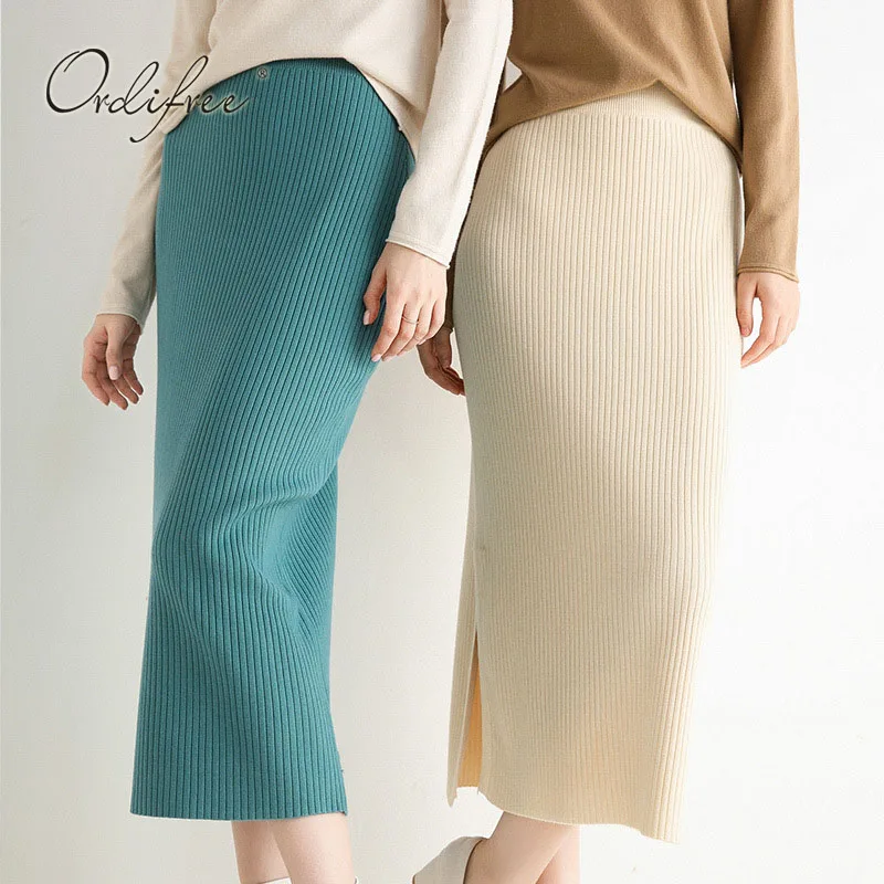 

Ordifree 2022 Autumn Winter Women Knitted Skirt High Waist Pencil Skirt Thick Warm Sexy Slit Midi Skirt