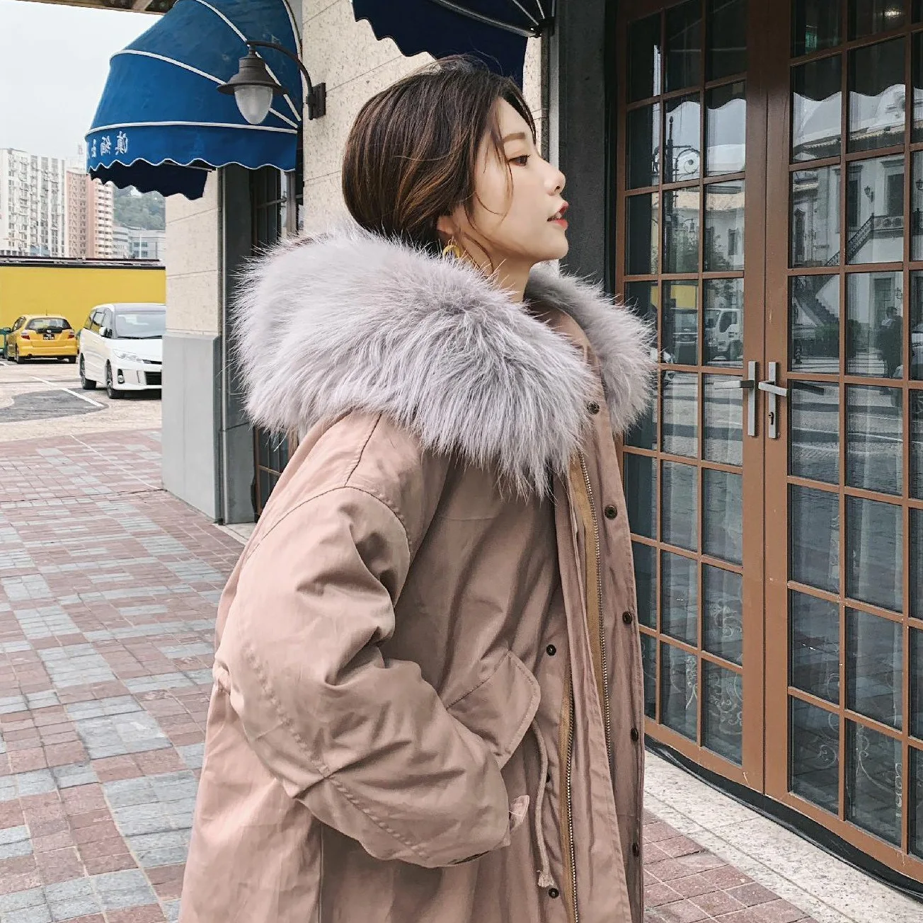 

Photo Shoot CHIC Korean-style Drawstring Waist Hugging Workwear Cotton Overcoat Women's Satin Sweet Gray Large Fur Collar Hooded
