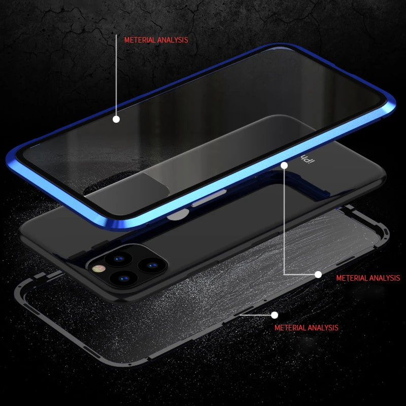 Роскошный противоударный Броня Магнитный чехол для iphone 11 Pro Max Передняя Задняя прозрачная стеклянная крышка металлический бампер 360 для iphone 11Pro