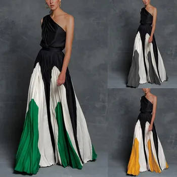 

Trendy Women Maxi Summer Casual Cold Shoulder Splice Sleeveless Dress Big Swing Long Dress