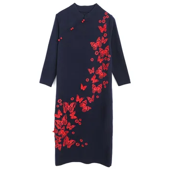 

High Quality Knitted Sweater Dress 2019 Autumn Winter Pullover Dress Women Butterfly Patterns Long Sleeve Vintage Dress 3XL Size