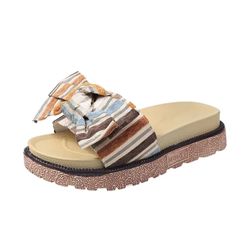 

2020 Summer Women Platform Slippers Mixed Colors Bow Designers Beach Sandals Casual Woman Shoes Outside Open Toe Flat Slides