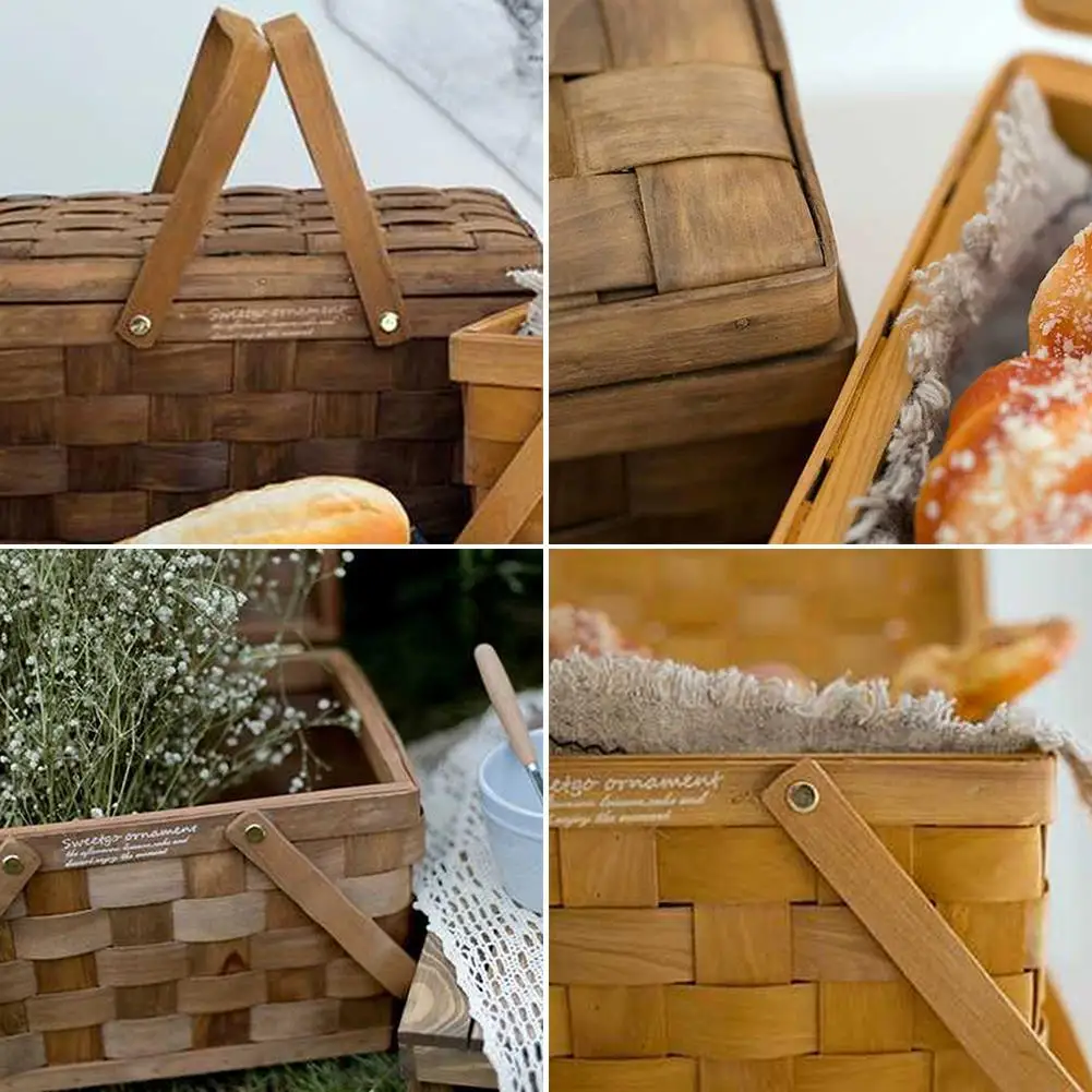 Портативная ручная деревянная корзина для хранения корзинки для фруктов с крышкой для дома кемпинга пикника