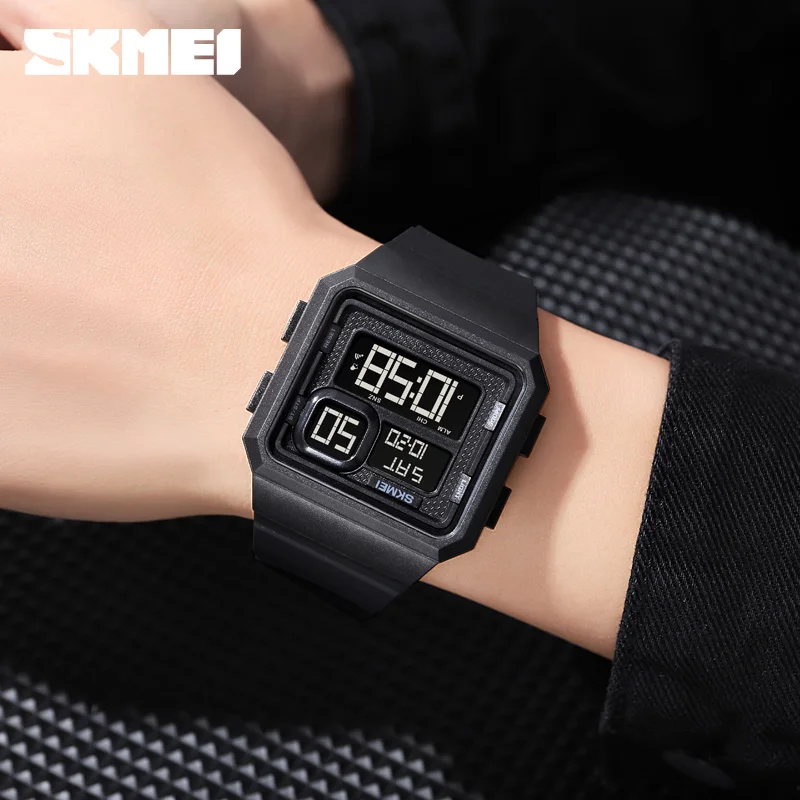 SKMEI Electronic Sport Watch Simple Design Digital Wristwatch For Men Countdown Waterproof Alarm 2Time Led Display Male Clock