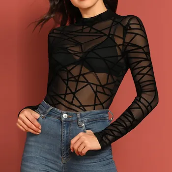 Women Sexy Mesh Net See Through T Shirt O-Neck Long Sleeve Hollow Transparent Undershirt Base Top