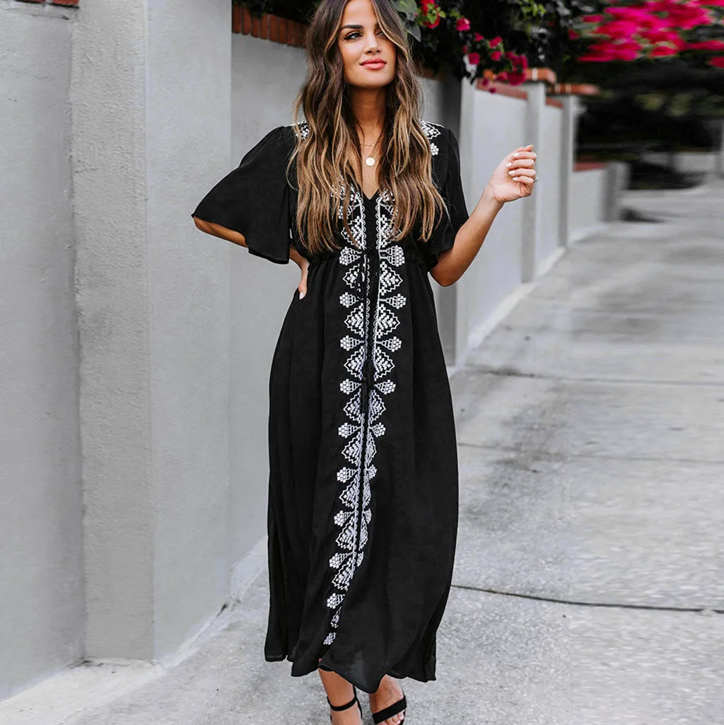 

Women Sexy V Neck Ruffle Sleeve Embroidered Loose Swimwear Beach Dress Bathing Suit Cover Up Swimsuit Beachwear Summer biquini