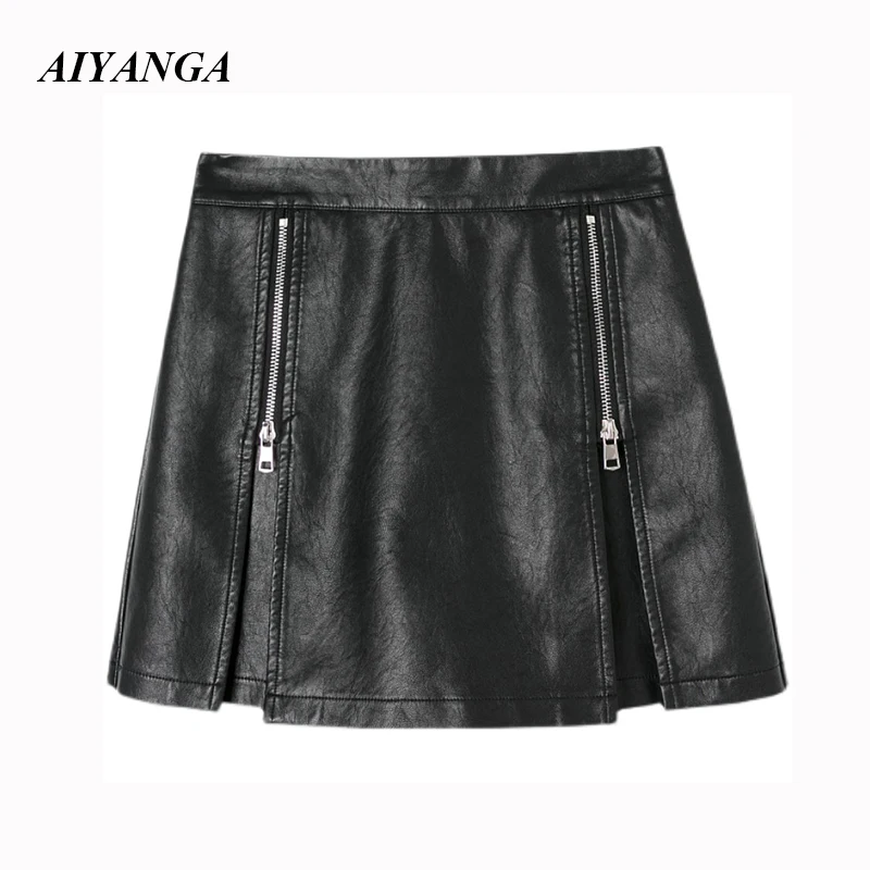 

PU Leather Skirt Women 2021 Autumn Winter Mini Gothic High Waist Double Zipper Skirts Punk A-line Shorts Skirt Goth Saia Girls