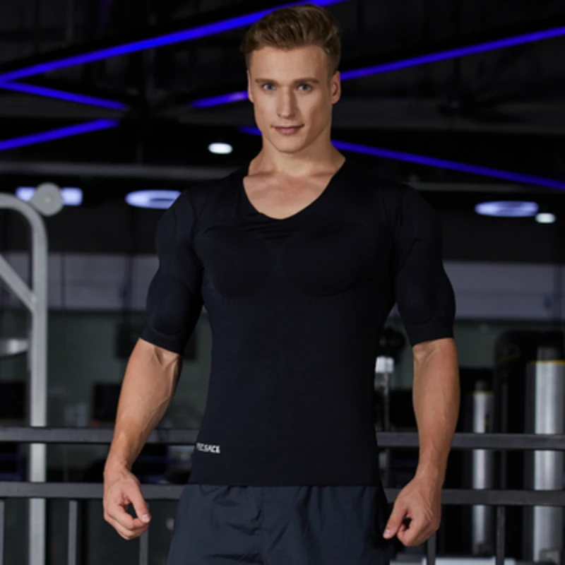 Men Fake Chest Muscle Body Shaper T-Shirt Breathable Comfort Padded Muscle Undershirt Round Neck