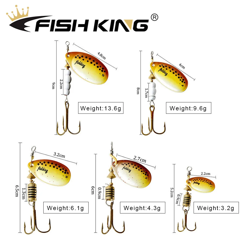 FISH KING Spinner Bait 1pc 3.2g 4.3g 6.1g 9.6g 13.6g Fishing Lure Bass Hard Baits Spoon With Treble Hook Tackle High Quality