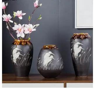 

CLASSIC CERAMICS VASES FLOOR VASE BIRD PAINTING FLOWER INSERT STUDY FURNISHINGS BLACK PORCELAIN CRAFTS VINTAGE HOME DECOR