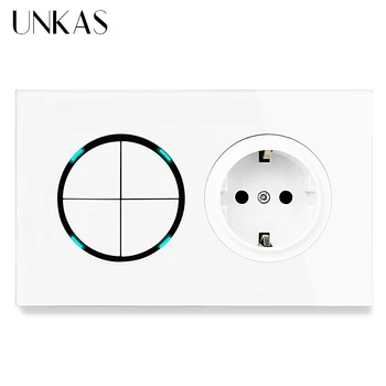 

UNKAS 4 Gang 1 Way / 2 Way + EU Standard Wall Power Socket On / Off Light Switch LED Indicator White Crystal Glass Panel 16A