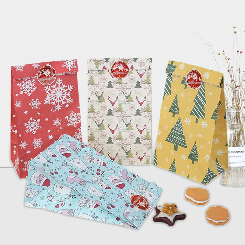 12Pcs Christmas Gift Bag Kraft Paper Candy Cookies Bag With Sticker Christmas Tree Food Packing Bags Xmas Birthday Party Decor