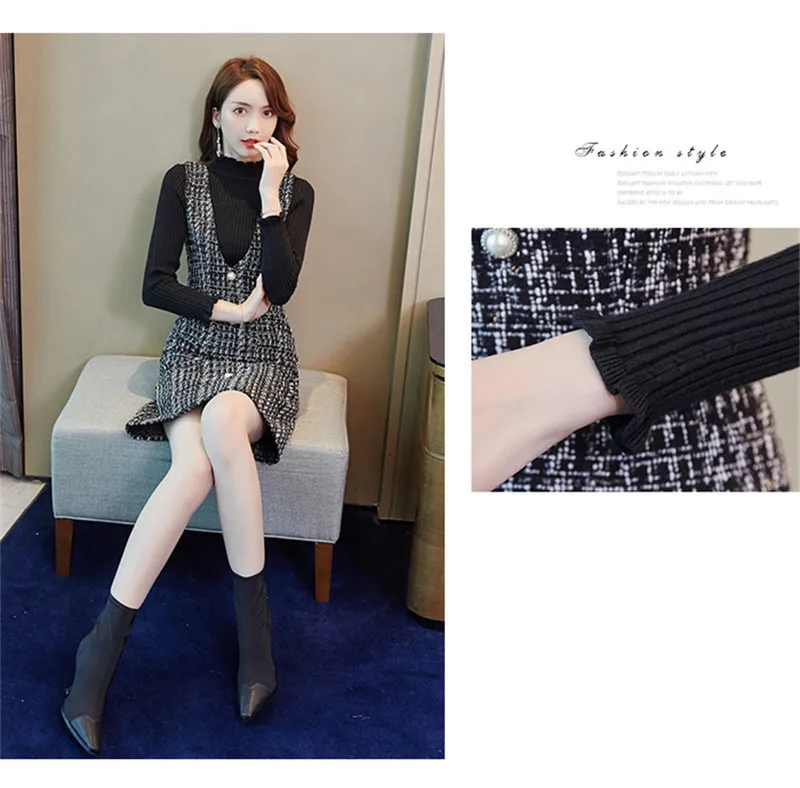 Flash Tweed Dress 2020 Autumn And Winter New V-neck Long-sleeved Two-piece  Bottoming Knit Tweed Casual Dress - Dresses - AliExpress