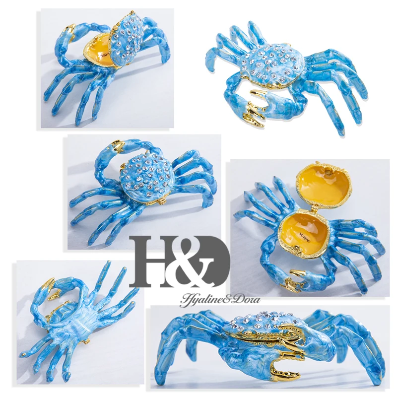 H&D Hand Painted Enameled and Bejeweled Blue Crab Trinket Box Ring Hinged Jewelry Collectible Figurine Christmas Decor for Home