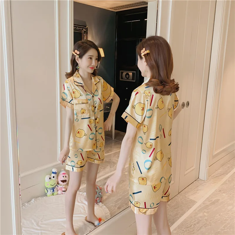 

Viscose Fiber Pajamas Women's Summer Thin Short-Sleeved Cute Cartoon Yellow Duck Silk Two Piece Suit Women's Casual Leisure Tops