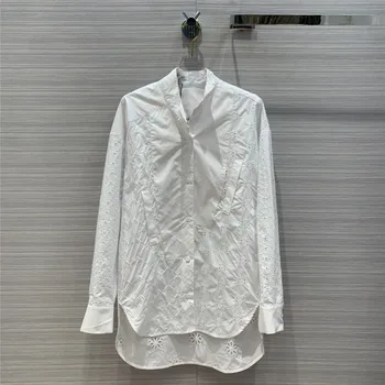 

2020 European American Fashion Asymmetrical Buttocks-Covering Embroidery Hollow Blank White Long Blouses Shirts Women