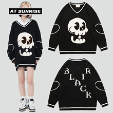 Women Men Streetwear Harajuku Casual Sweater Skeleton skulls Knitted Sweater Autumn Cotton Pullover black tops oversized V-Neck