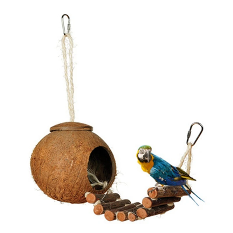 Natural Coconut Hideaway With Ladder, Bird Nest House Swing Toy With Durable Clasps For Cage