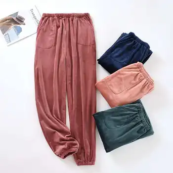 

Wholesale Autumn and Winter Couples Island Velvet Pajamas Thick Flannel Large Size Solid Color Men Women's Home Trousers Can Out
