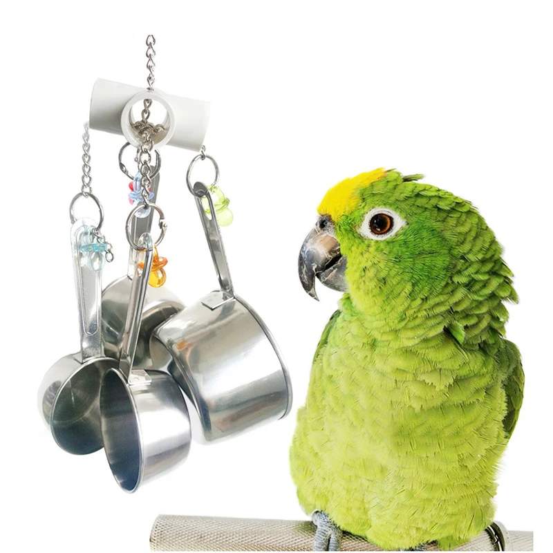 Parrot Bird toy Chewing Swing Spoon Bell Stainless Steel Hanging Chew Sound toy Climb Cockatiel Parakeet African Grey Bird Bites