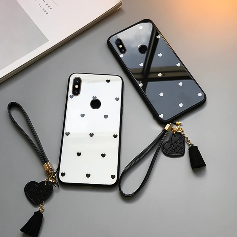 

Case & Strap For Xiaomi Mi A3 A1 A2 Lite mi 6x Case Glass Hard Cover For Xiaomi Mi 5x 6x a3 Lite small Love heart lanyard funda