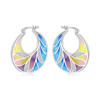

OGULEE Earrings for Women Genuine 925 Silver Beautiful Colored Leaves Shine CZ Exquisite Enamel Hoop Earrings Designer Jewelry