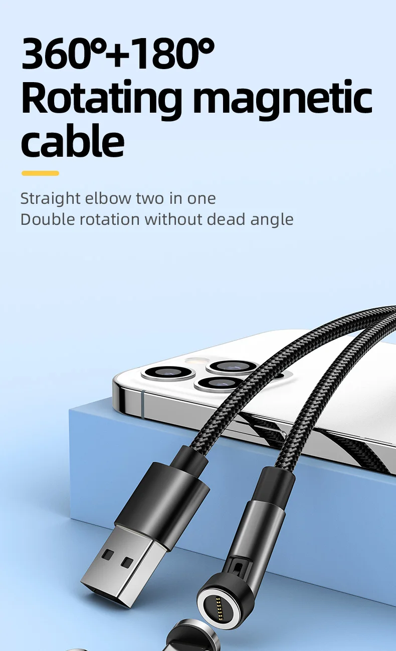 Fast Charging 3A  540 Degree Rotate Magnetic Charging Cable Type C Micro USB Cord Wire For Huawei P20 For iPhone Charging Cable android c type charger