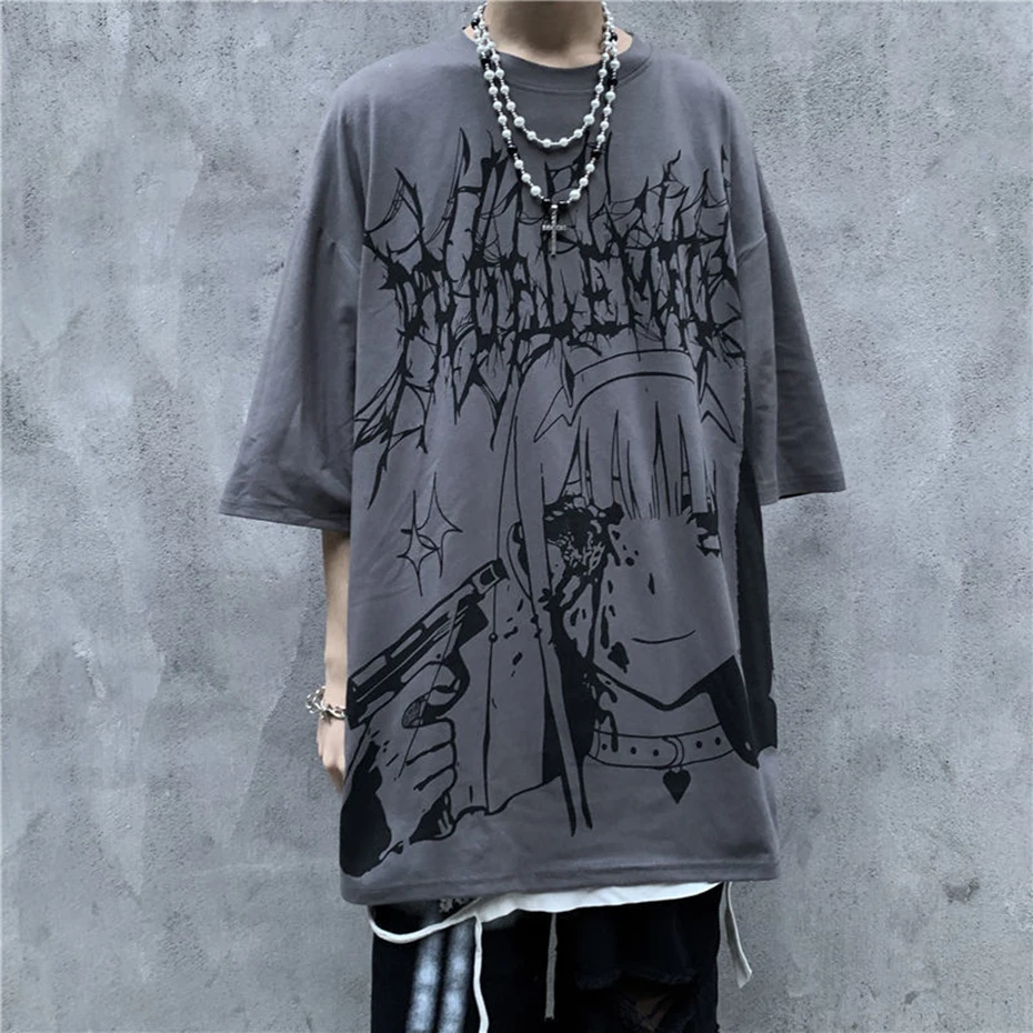 T -shirt con stampa gotica harajuku - maglietta di cotone oversize per