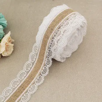 

2m/roll Lace Burlap Natural Jute Hessian Ribbon with White Lace Rustic Wedding Party Decoration Ornament Gift Wrapping Decor