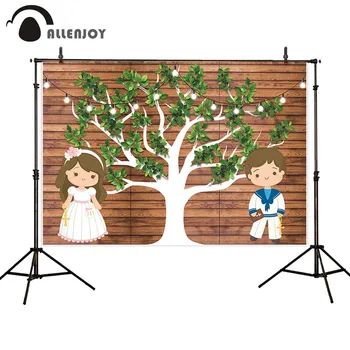 

Allenjoy Holy Communion Photocall Bulb Tree Leaves Boy Girl Baby Shower Baptism Party Curtain Brown Thin Vinyl Flooring Banners