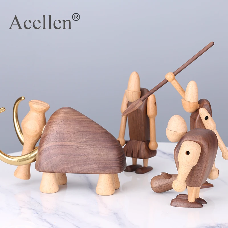 

Nordic Wooden Primitive Man Mammoth Elephant Miniature Figurines Home Decor Modern Desk Decoration Accessories Art Ornaments