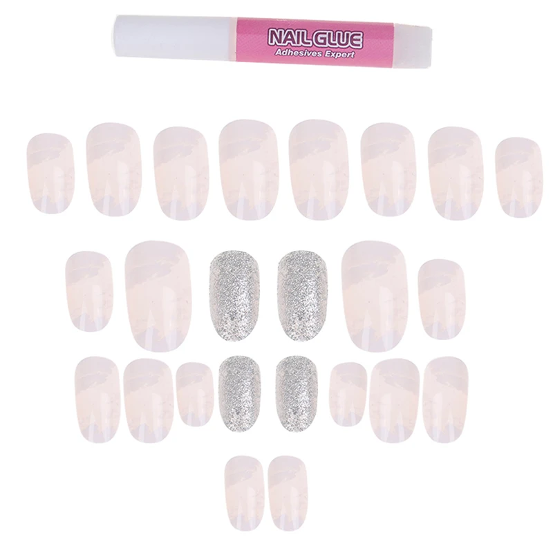 24Pcs Fake Nails Glitter Gold White Pink Square Artificial Nail Tips With Glue Sticker For Daily Office Finger Wear Fashion