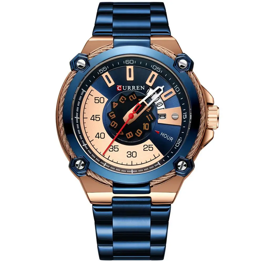 Blue Модные деловые часы для Curren, новинка 8345, мужские часы, водонепроницаемые, кварцевые, стальной ремень, настольные, Бизнес Календарь, кварцевые, стальной ремешок - Цвет: Blue