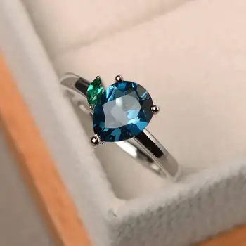 

New Product Hot Sale Zircon Blue Topaz Ring S925 Silver Plated Rhodium-plated Water Drop Pear-shaped Ladies Jewelry