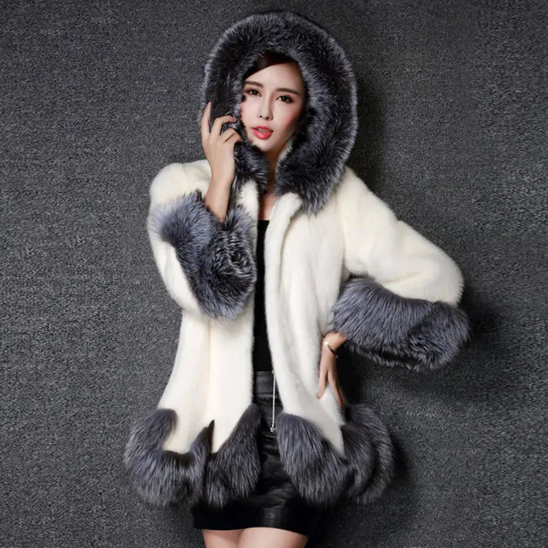 

2019 Autumn And Winter Faux Fox Fur Open Stitch Women Full With Fur Trim Hood Slim Cloak Coats Streetwear Fashion Slim Fur
