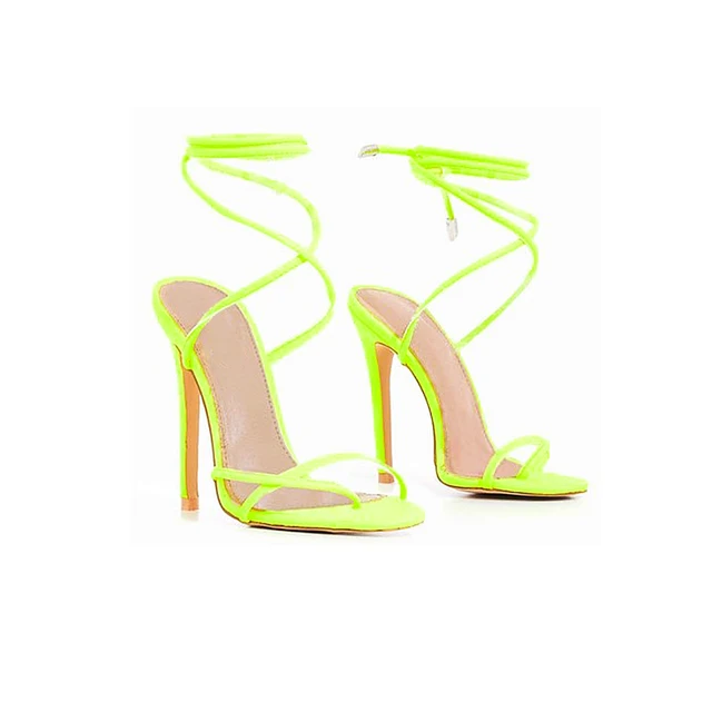 European Summer Sandals Candy Color Point Toe Lace Ankle Strap Party High Heels Pumps 11.5cm High Thin Heel Sandals Lady Green