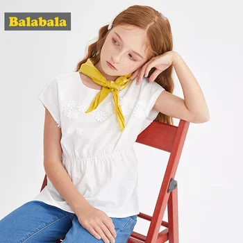 

Balabala Girls short sleeve shirt children's shirt 2020 summer new sweet round neck cotton lace striped shirt