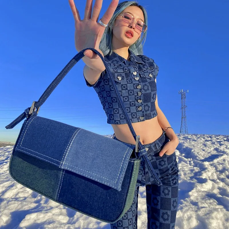 Women Denim Outfit Vintage Blue Crop Top And Wide Leg Pants Set JKP4789