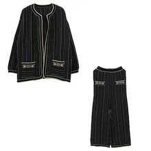 И Зимний женский костюм с круглым вырезом, цветной, контрастный, с разноцветными линиями, с фальшивым карманом, с длинным рукавом, Трикотажный костюм