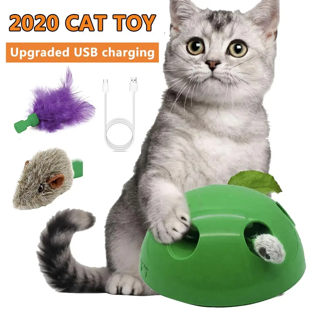 

USB Charging Cat Toy Interactive Sports Toy 2020 Upgraded Mouse Feathers Funny Electronic Pet Kitten Auto Rotation Chase Cat Toy