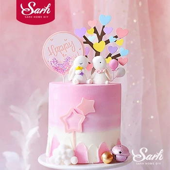 

Bunny Couple Rabbit Happy Birthday Decoration Heart Tree Pink Cake Topper for Wedding Party Kid Valentine Anniversary Love Gifts
