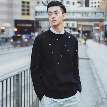 

Men's Autumn Winter Hongkong Style Leaves Embroidery Long Sleeve Pullover Thick O Neck Male Knitted Casual Sweater Top Quality