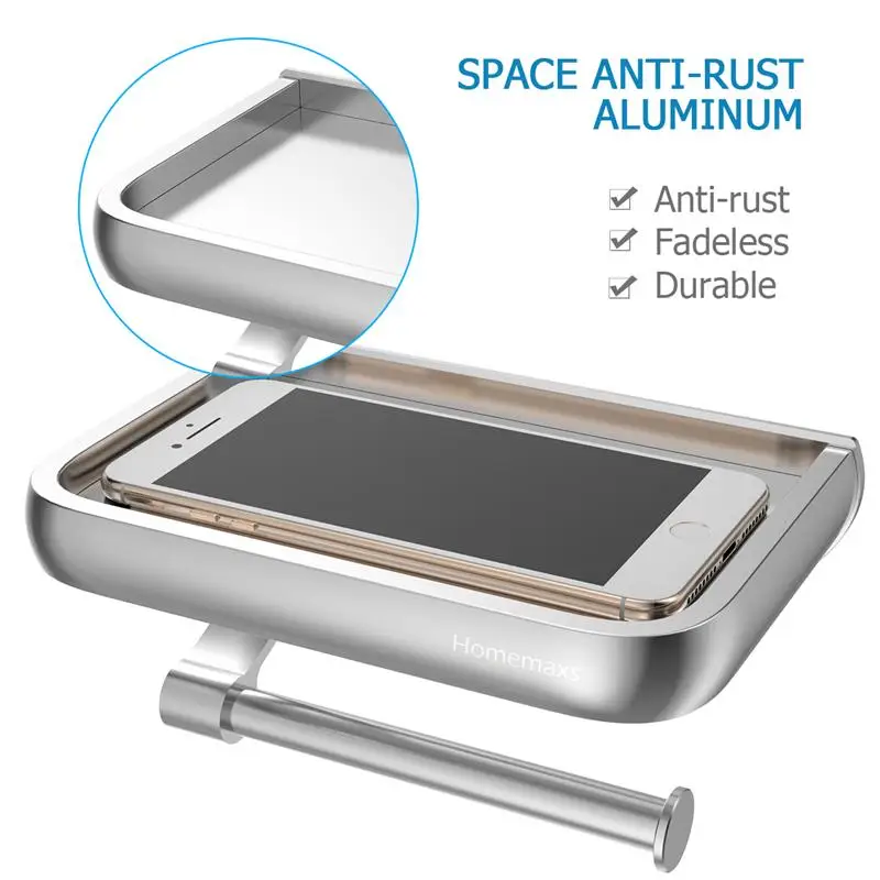 Wall Mount Toilet Paper Holder Aluminum Tissue Paper Holder Toilet Roll Dispenser With Phone Storage Shelf For Bathroom Restroom