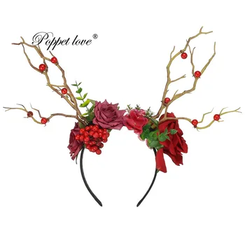 

Red Berry Flower horns for girls hair dressing Funny Lovely alloy Deer Horn Christmas bezel lace flower headbands for evening gi