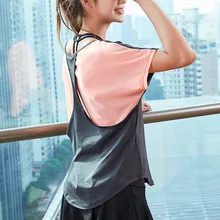 Новая женская Свободная футболка для йоги с коротким рукавом, дышащая сетчатая спортивная одежда из двух предметов