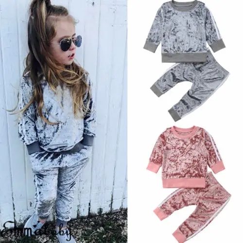 New Autumn Kids Baby Velvet Long Sleeve Top Blouse+Long Pants Outfits Set Clothes