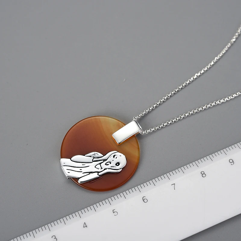 Lotus Fun 925 Sterling Silver Natural Agate Handmade Fine Jewelry The Scream Painting Pendant without Necklace for Women