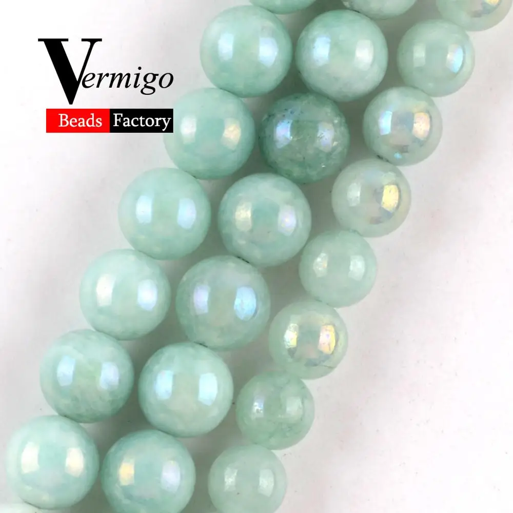 Natural Light Green Jades Plating AB Gem Baeds For Jewelry Making 4 6 8 10mm Round Beads DIY Necklaces Bracelets Accessories 15" |